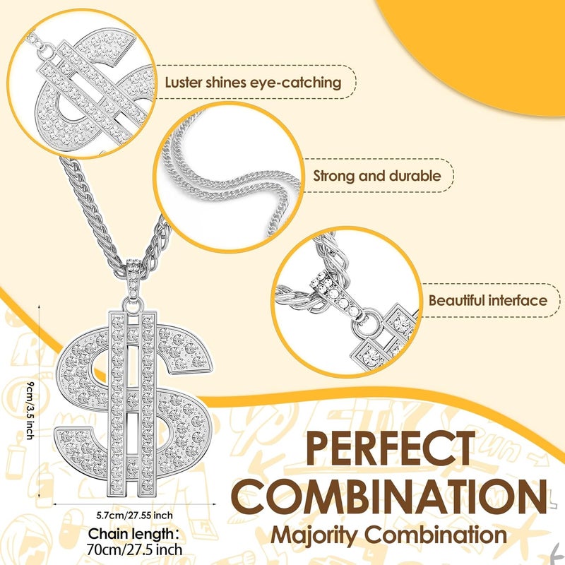 ROMASS 2 Pcs Dollar Necklace for Men,Gold/Silver Plated Chain for Men with Dollar Sign Pendant Necklaces, 80/90s Hip Hop Dollar Necklace Halloween Gifts - Image 4